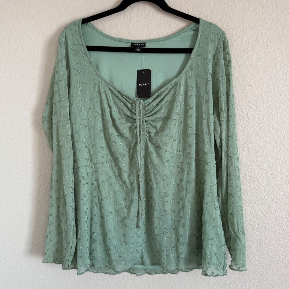 Torrid 2X Green Eyelet Mesh Sleeve Ruched Babydoll Top Milkmaid Feminine Dainty